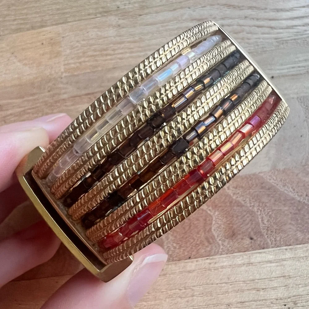 Details ladies hinged beaded cuff bracelet watch NEW BATTERY